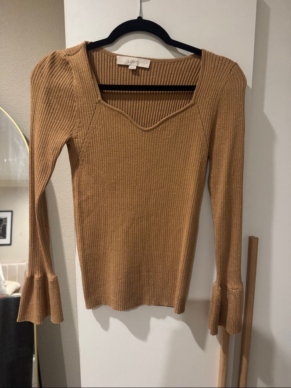 LOFT Camel Ribbed Long Sleeve Top with Sweetheart Neckline